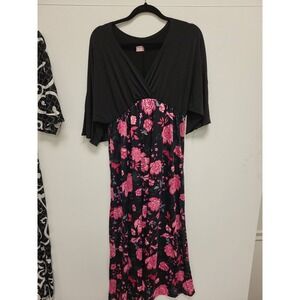 Flirty Pink Women 1X Maxi Dress Black Floral Print Plus Size Fashion‎ Gown